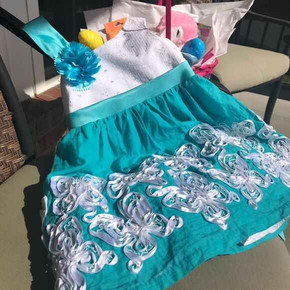 Embroidered Turquoise Floral Party Dress 4T - Picture 2 of 6